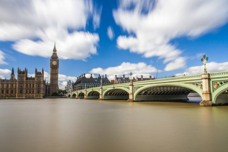 A view of Westminster Bridge leading towards Big Ben and Westminster in London.